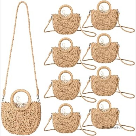 Handbags - Mini Rattan Straw Tote Bag with Removable Strap, Drawstring Closure